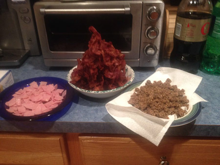 Pork products ready for Jonah's Omlette Bar