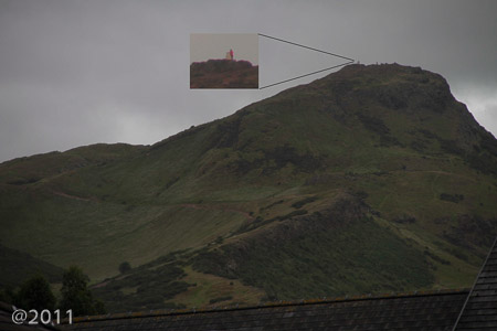 Sarah at the top of Arthur's Seat--picture taken from the flat window!