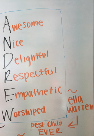 Messages on Andrew's whiteboard at work