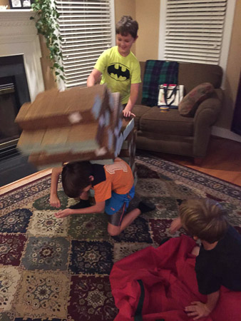 Britt, Jonah, Eddie playing Giant Jenga